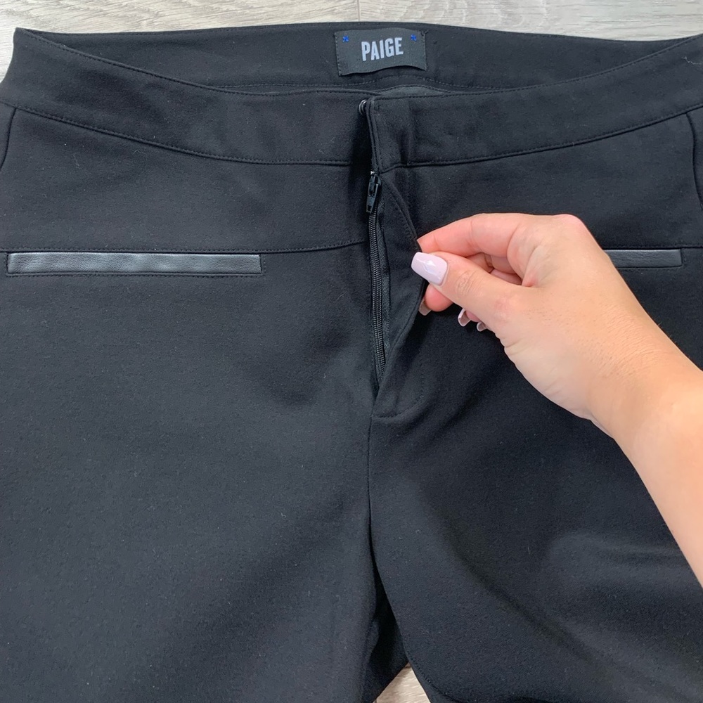PAIGE Black Rosalind Ponte Knit Stretch Pants w/ Faux Leather Trim Pockets - Picture 5 of 12